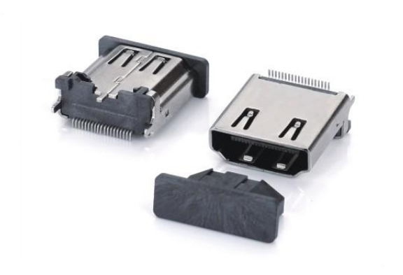 HDMI AF 19 PIN立貼式SMT(小腳腳長(zhǎng)1.40)三腳插板H=15.00mm帶防塵蓋180度SMT